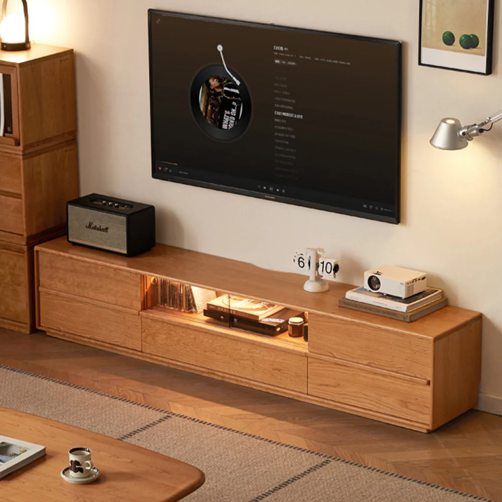 Aurin Natural Solid Cherry Floor Standing Entertainment Unit with LED Light - Image 3