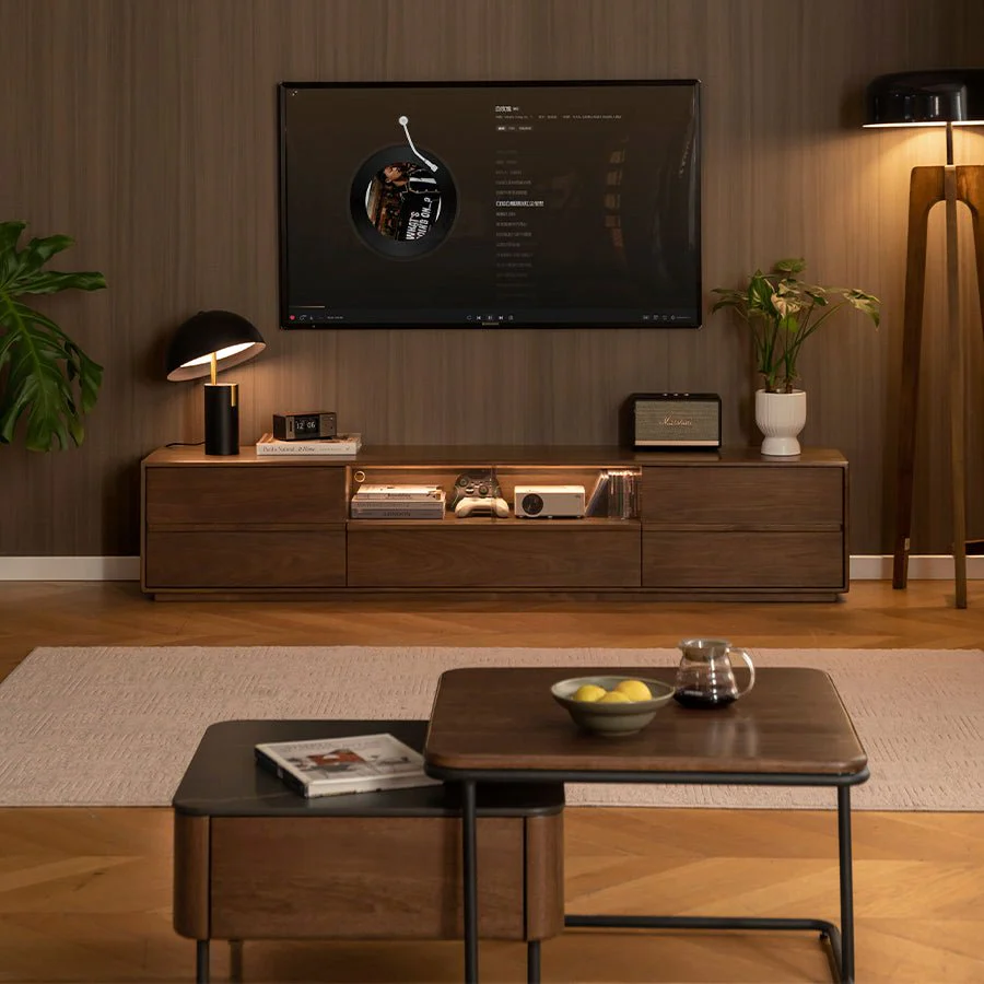 Aurin Solid Walnut Floor Standing Entertainment Unit with LED Light - Image 2