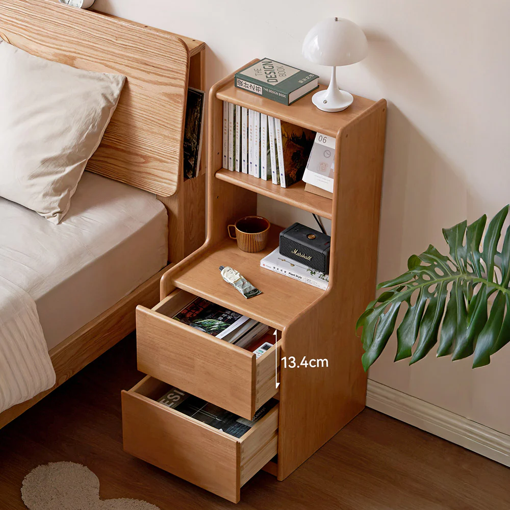 Guardo Natural Solid Rubber Wood Bedside Table with Hutch - Image 6