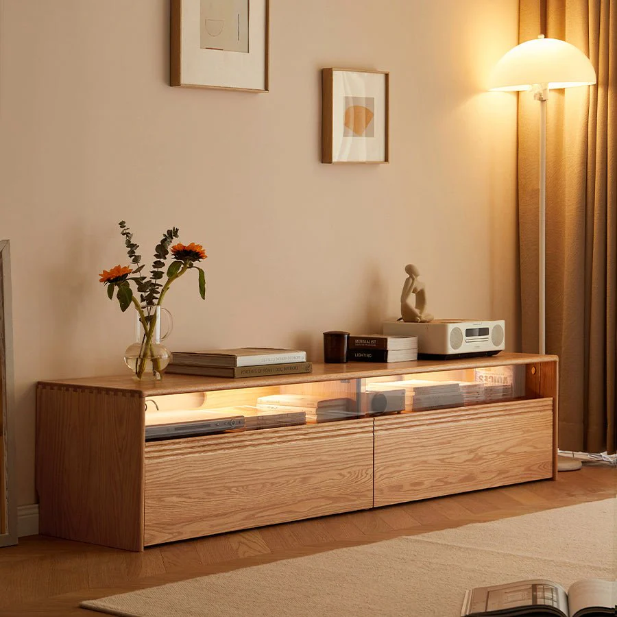 Warburg Solid Oak Floor Standing Entertainment Unit with LED Light - Image 3